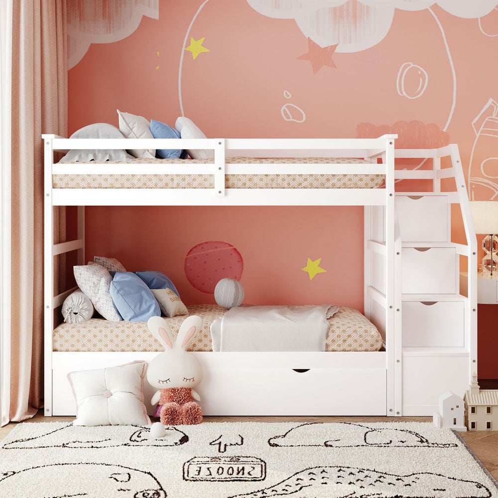 English Elm Twin-over-twin Bunk Bed with Trundle Stair Storage Kids Shared Bedroom White LT000064AAK