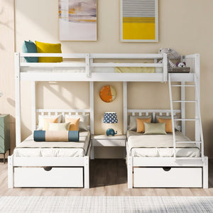English Elm Full Over Twin Triple Bunk Bed Pinewood Frame with Storage Drawers and Guardrails LT000343AAK-2
