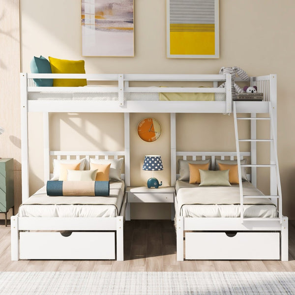English Elm Full Over Twin Triple Bunk Bed Pine Wood Frame with Storage Drawers and Guardrails LT000343AAK-1