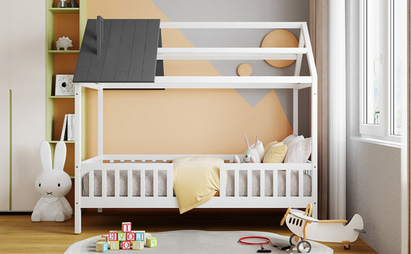 English Elm Twin House Bed Solid Pine Frame Cottage Roofline Slatted Rails Kids Bedroom Nook N708P296396D