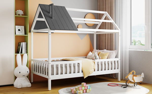 English Elm Twin House Bed Solid Pine Frame Cottage Roofline Slatted Rails Kids Bedroom Nook N708P296396D