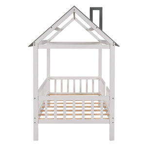English Elm Twin House Bed Solid Pine Frame Cottage Roofline Slatted Rails Kids Bedroom Nook N708P296396D