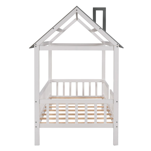 English Elm Twin House Bed Solid Pine Frame Cottage Roofline Slatted Rails Kids Bedroom Nook N708P296396D