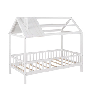 English Elm Twin House Bed Solid Pine Frame Cottage Roofline Slatted Rails Kids Bedroom Nook N708P296396K
