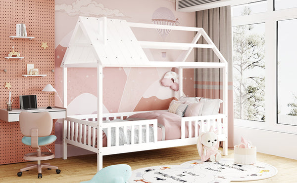 English Elm Twin House Bed Solid Pine Frame Cottage Roofline Slatted Rails Kids Bedroom Nook N708P296396K