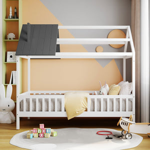 English Elm Twin House Bed Solid Pine Frame Cottage Roofline Slatted Rails Kids Bedroom Nook N708P296396D