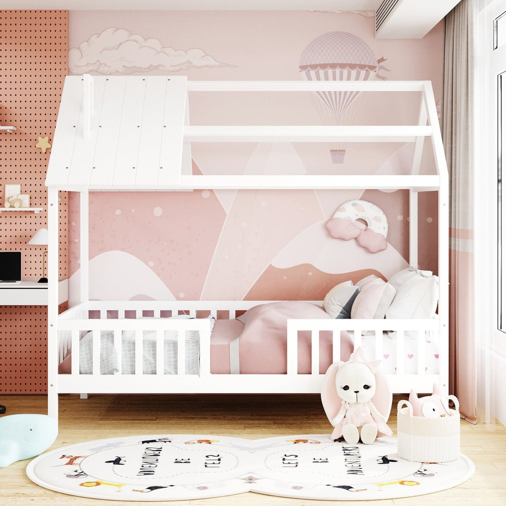 English Elm Twin House Bed Solid Pine Frame Cottage Roofline Slatted Rails Kids Bedroom Nook N708P296396K