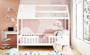 English Elm Twin House Bed Solid Pine Frame Cottage Roofline Slatted Rails Kids Bedroom Nook N708P296396K