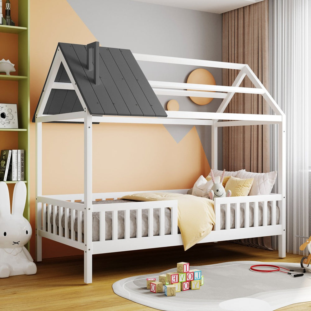 English Elm Twin House Bed Solid Pine Frame Cottage Roofline Slatted Rails Kids Bedroom Nook N708P296396D