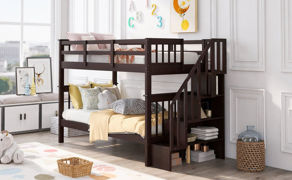 English Elm Stairway Twin Over Bunk Bed with Step Storage Converts to Two Separate Beds LT000109AAP-1