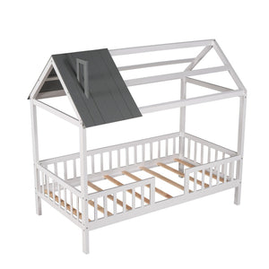 English Elm Twin House Bed Solid Pine Frame Cottage Roofline Slatted Rails Kids Bedroom Nook N708P296396D