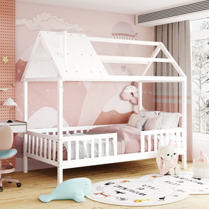 English Elm Twin House Bed Solid Pine Frame Cottage Roofline Slatted Rails Kids Bedroom Nook N708P296396K