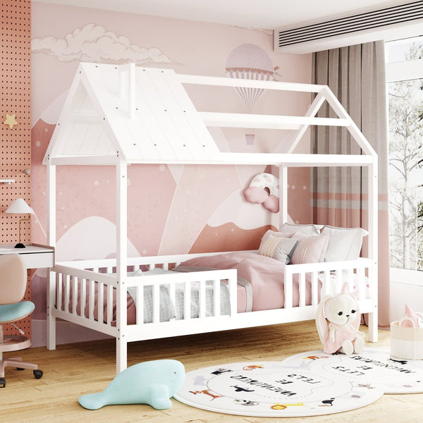 English Elm Twin House Bed Solid Pine Frame Cottage Roofline Slatted Rails Kids Bedroom Nook N708P296396K