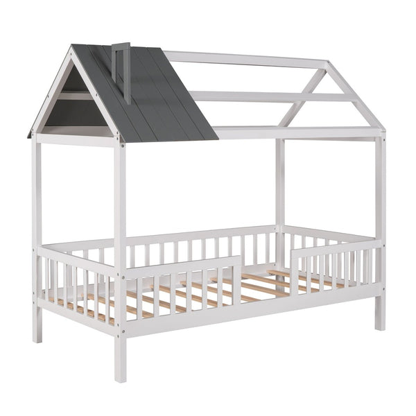 English Elm Twin House Bed Solid Pine Frame Cottage Roofline Slatted Rails Kids Bedroom Nook N708P296396D