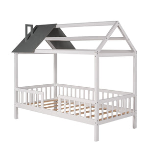 English Elm Twin House Bed Solid Pine Frame Cottage Roofline Slatted Rails Kids Bedroom Nook N708P296396D
