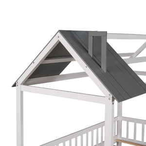 English Elm Twin House Bed Solid Pine Frame Cottage Roofline Slatted Rails Kids Bedroom Nook N708P296396D