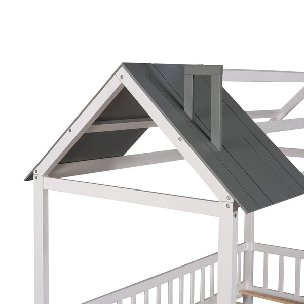 English Elm Twin House Bed Solid Pine Frame Cottage Roofline Slatted Rails Kids Bedroom Nook N708P296396D