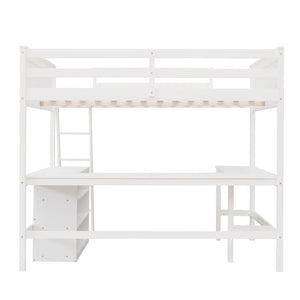 English Elm Full Size White Wood Loft Bed with Integrated Desk Shelves for Kids Teen Rooms LT000538AAK
