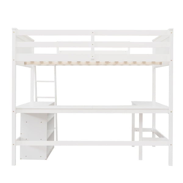 English Elm Full Size White Wood Loft Bed with Integrated Desk Shelves for Kids Teen Rooms LT000538AAK