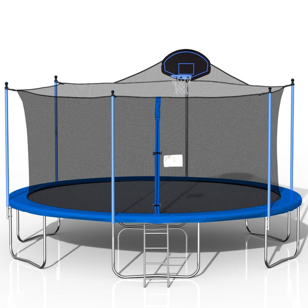 English Elm 16ft Outdoor Trampoline with Safety Enclosure Basketball Hoop Ladder Galvanized Frame W285S00021