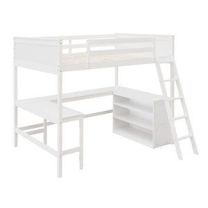 English Elm Full Size White Wood Loft Bed with Integrated Desk Shelves for Kids Teen Rooms LT000538AAK