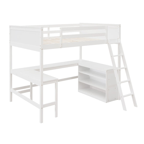 English Elm Full Size White Wood Loft Bed with Integrated Desk Shelves for Kids Teen Rooms LT000538AAK