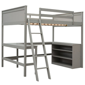 English Elm Full Size White Wood Loft Bed with Integrated Desk Shelves for Kids Teen Rooms Gray LT000538AAE