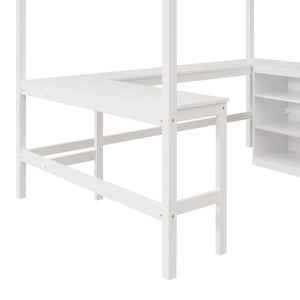 English Elm Full Size White Wood Loft Bed with Integrated Desk Shelves for Kids Teen Rooms LT000538AAK