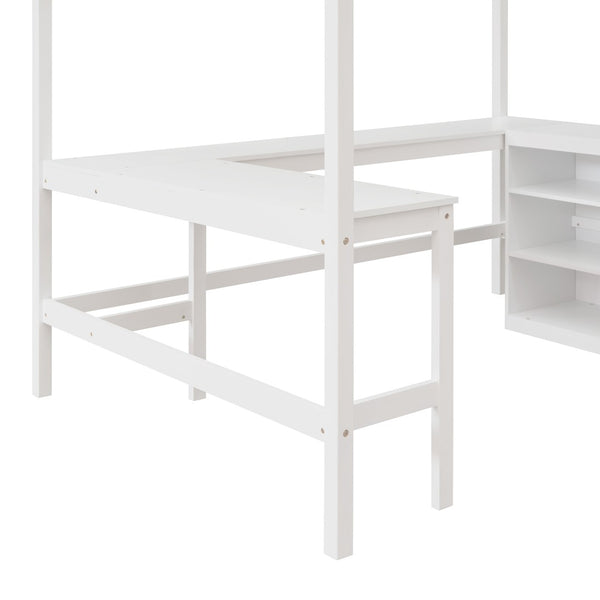 English Elm Full Size White Wood Loft Bed with Integrated Desk Shelves for Kids Teen Rooms LT000538AAK