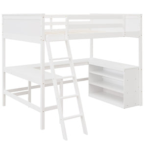 English Elm Full Size White Wood Loft Bed with Integrated Desk Shelves for Kids Teen Rooms LT000538AAK