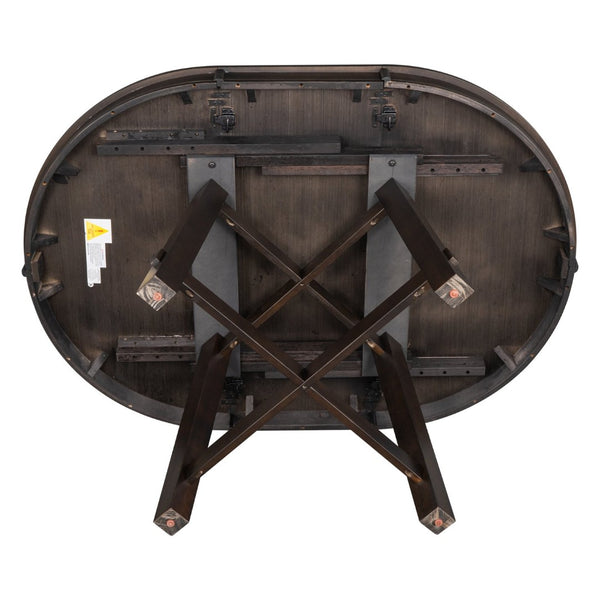 English Elm Trexm Farmhouse Round Dining Table Oak Veneer X Base Extends to Seat Six WF291263AAP