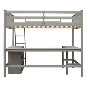 English Elm Full Size White Wood Loft Bed with Integrated Desk Shelves for Kids Teen Rooms Gray LT000538AAE