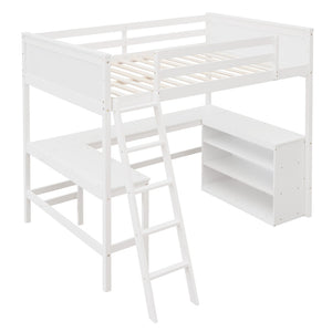 English Elm Full Size White Wood Loft Bed with Integrated Desk Shelves for Kids Teen Rooms LT000538AAK