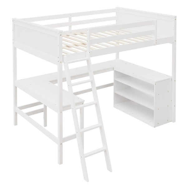 English Elm Full Size White Wood Loft Bed with Integrated Desk Shelves for Kids Teen Rooms LT000538AAK