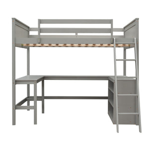 English Elm Full Size White Wood Loft Bed with Integrated Desk Shelves for Kids Teen Rooms Gray LT000538AAE