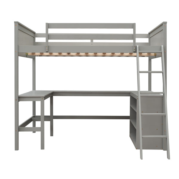 English Elm Full Size White Wood Loft Bed with Integrated Desk Shelves for Kids Teen Rooms Gray LT000538AAE