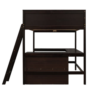 English Elm Full Size White Wood Loft Bed with Integrated Desk Shelves for Kids Teen Rooms Espresso LT000538AAP