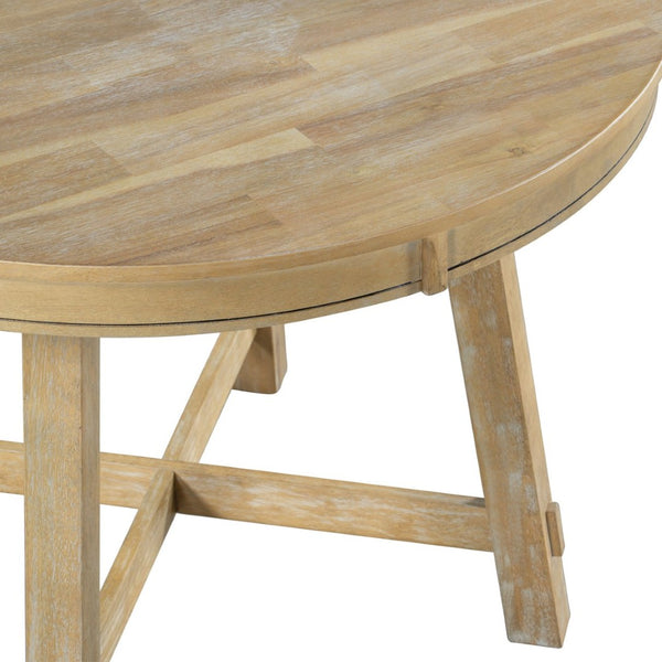 English Elm Trexm Farmhouse Round Extendable Dining Table Seats Six with Oak Veneer Planked Top Natural Wood Wash WF291263AAE