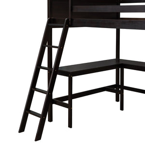 English Elm Full Size White Wood Loft Bed with Integrated Desk Shelves for Kids Teen Rooms Espresso LT000538AAP
