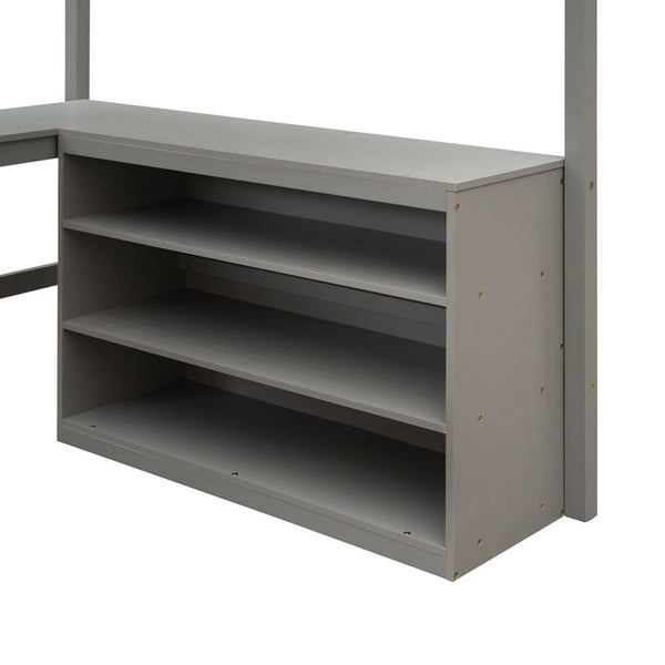 English Elm Full Size White Wood Loft Bed with Integrated Desk Shelves for Kids Teen Rooms Gray LT000538AAE