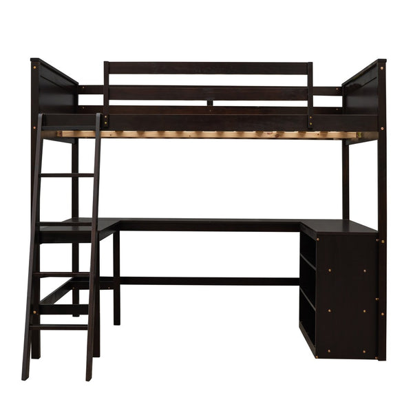 English Elm Full Size White Wood Loft Bed with Integrated Desk Shelves for Kids Teen Rooms Espresso LT000538AAP