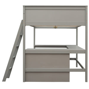 English Elm Full Size White Wood Loft Bed with Integrated Desk Shelves for Kids Teen Rooms Gray LT000538AAE
