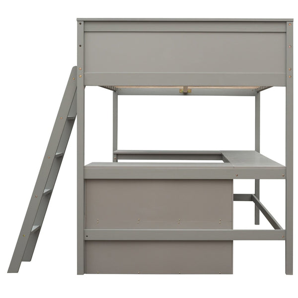 English Elm Full Size White Wood Loft Bed with Integrated Desk Shelves for Kids Teen Rooms Gray LT000538AAE