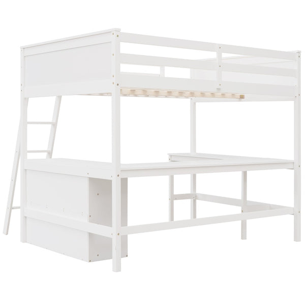 English Elm Full Size White Wood Loft Bed with Integrated Desk Shelves for Kids Teen Rooms LT000538AAK