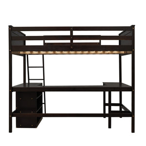 English Elm Full Size White Wood Loft Bed with Integrated Desk Shelves for Kids Teen Rooms Espresso LT000538AAP