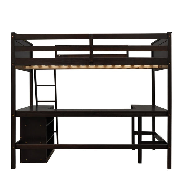 English Elm Full Size White Wood Loft Bed with Integrated Desk Shelves for Kids Teen Rooms Espresso LT000538AAP