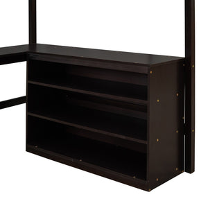 English Elm Full Size White Wood Loft Bed with Integrated Desk Shelves for Kids Teen Rooms Espresso LT000538AAP