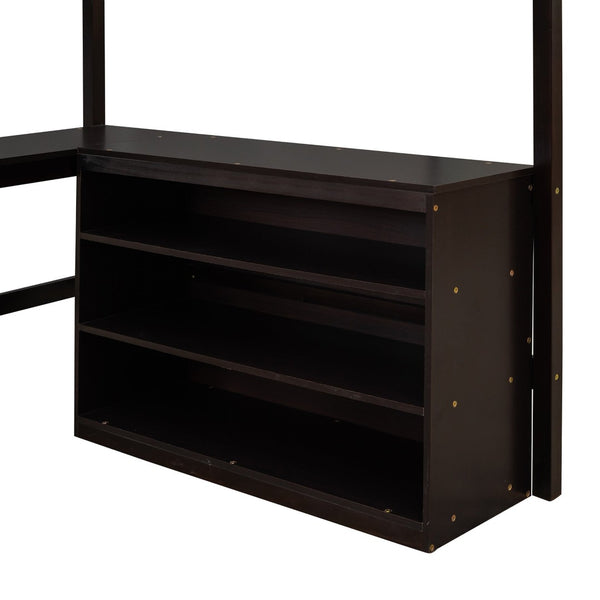 English Elm Full Size White Wood Loft Bed with Integrated Desk Shelves for Kids Teen Rooms Espresso LT000538AAP