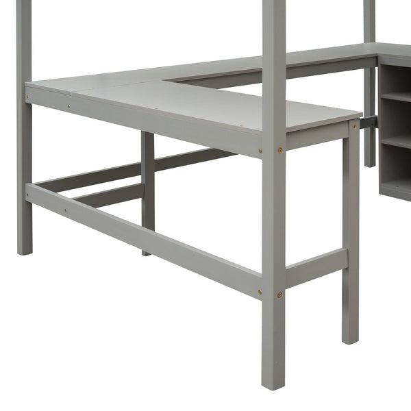 English Elm Full Size White Wood Loft Bed with Integrated Desk Shelves for Kids Teen Rooms Gray LT000538AAE