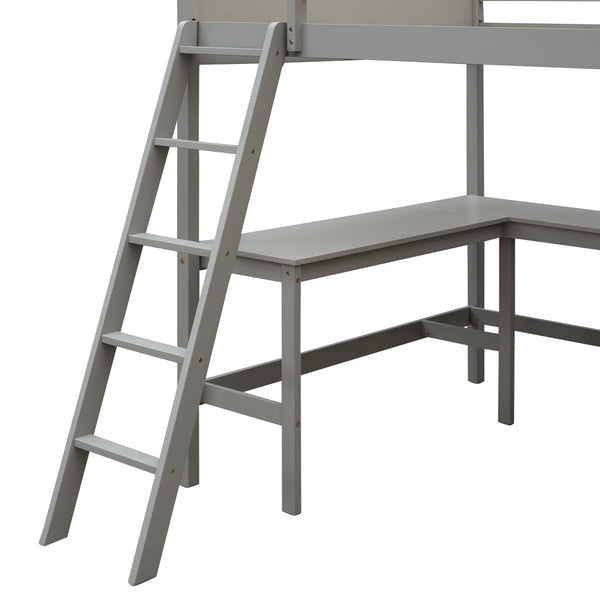 English Elm Full Size White Wood Loft Bed with Integrated Desk Shelves for Kids Teen Rooms Gray LT000538AAE